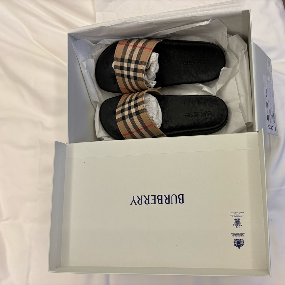 Burberry Beige and Black Check Slides